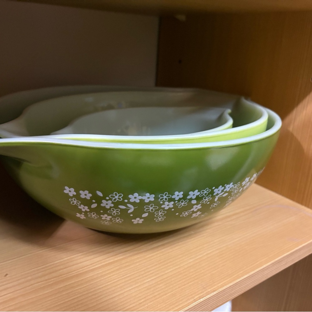 Pyrex Green Mixing Bowls with Floral Design